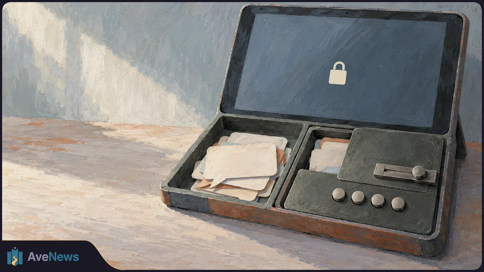 Illustration of an open device on a tabletop, with a closed padlock on its screen, stacked speech bubbles in one compartment and a keypad in another. SI illustration