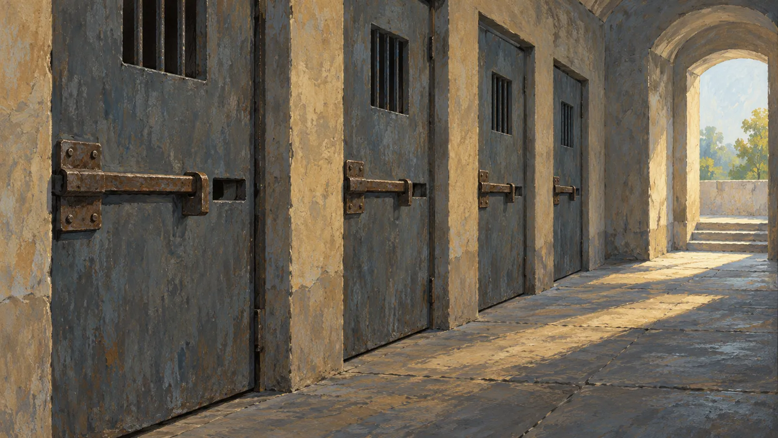 An illustrated stone corridor lined with barred metal doors and heavy bolts leads to a sunlit archway. SI illustration