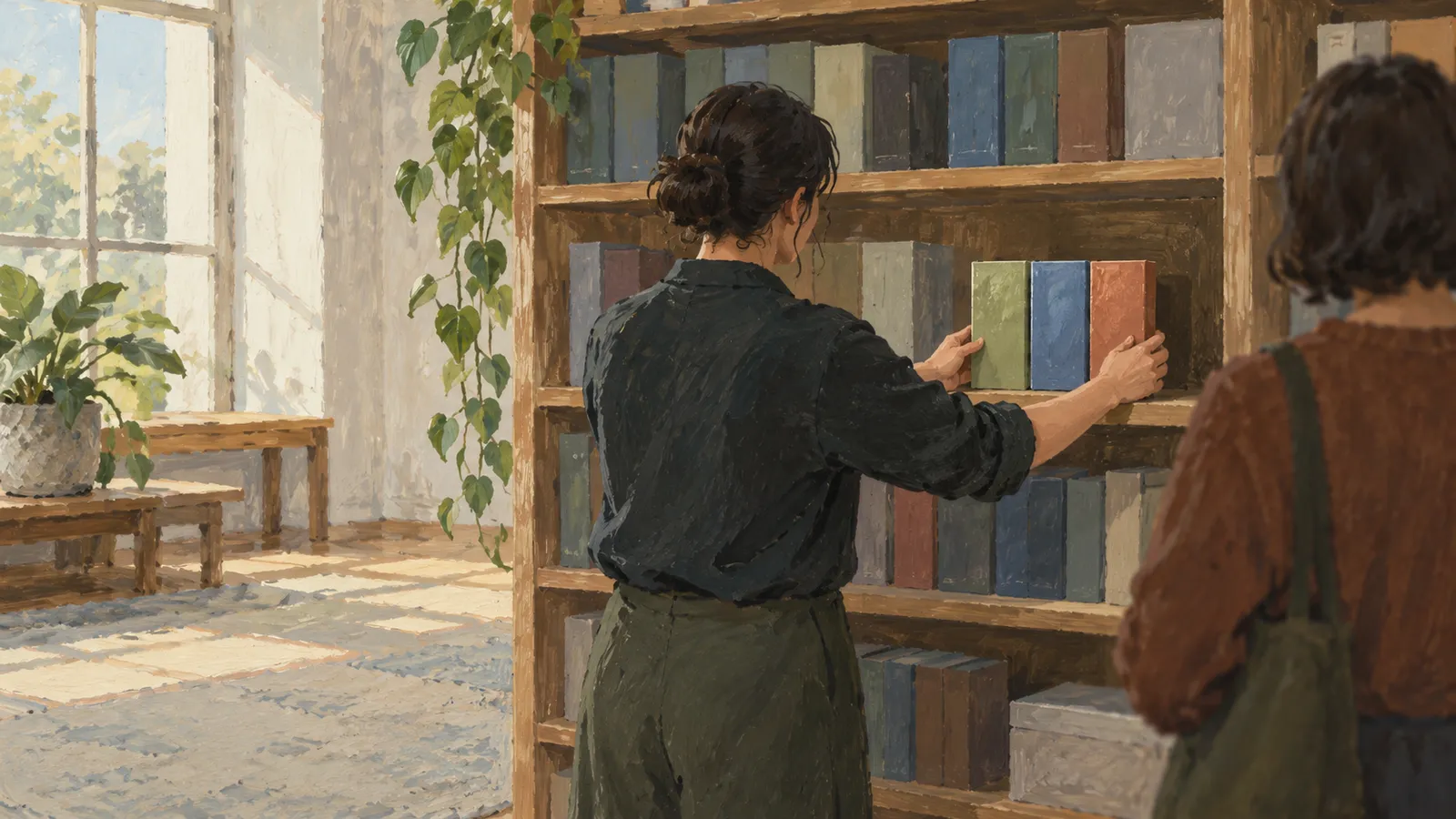 A painted scene of a person arranging colorful books on a wooden shelf, with another person nearby and plants beside a sunlit window. SI illustration