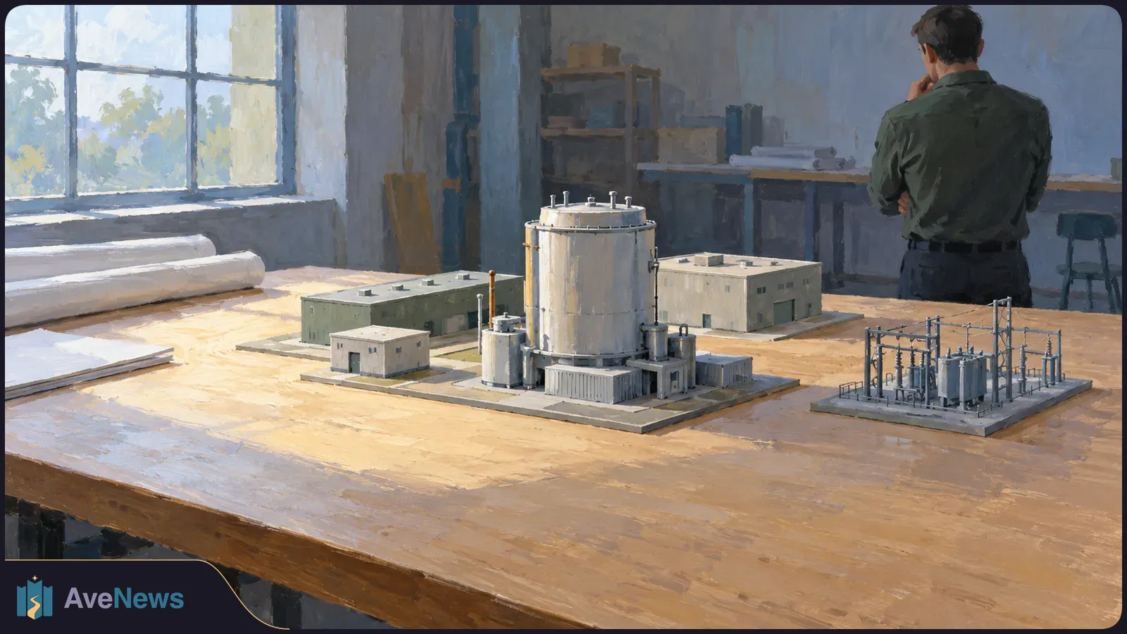 Illustration of miniature industrial buildings, a cylindrical reactor and electrical equipment on a wooden table, with a man standing in the background. SI illustration