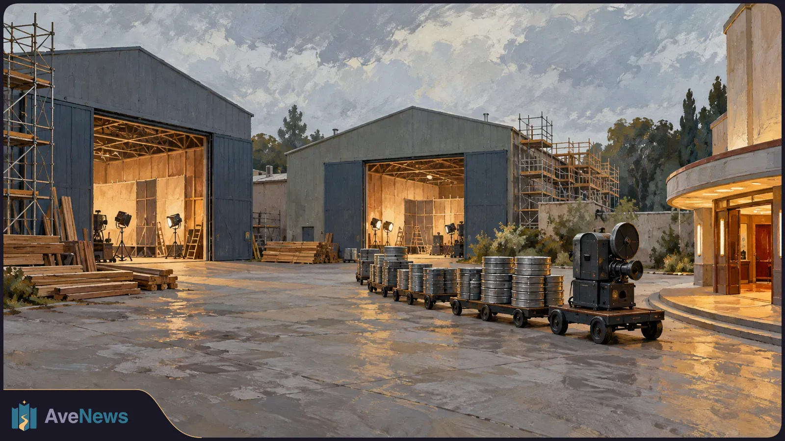 Painted view of two open film soundstages with lights inside, scaffolding outside, and a camera and film cans on carts in the foreground. SI illustration