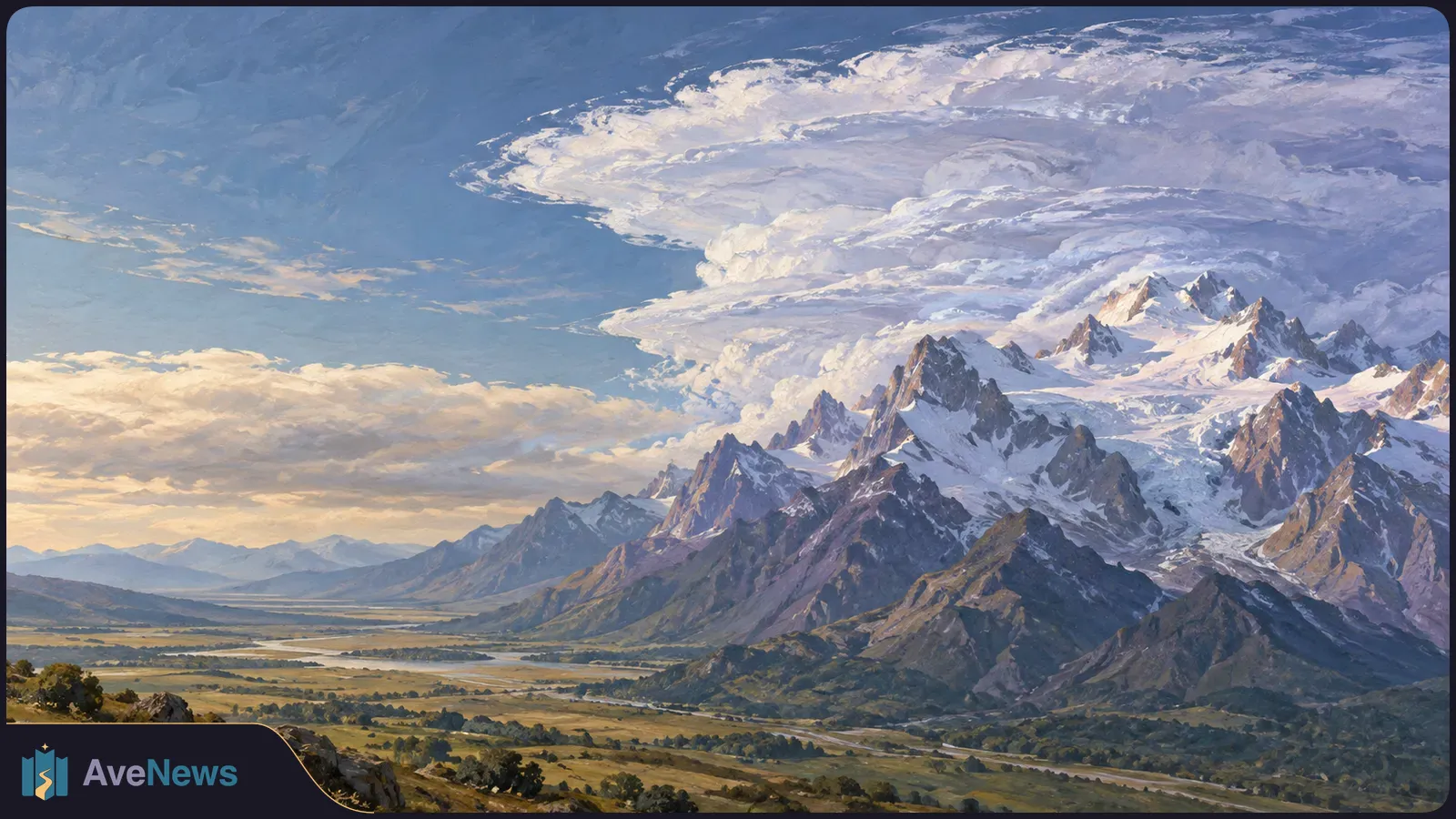 Painted landscape of snow-covered mountain peaks beneath towering white clouds, with a broad green valley and winding river below. SI illustration