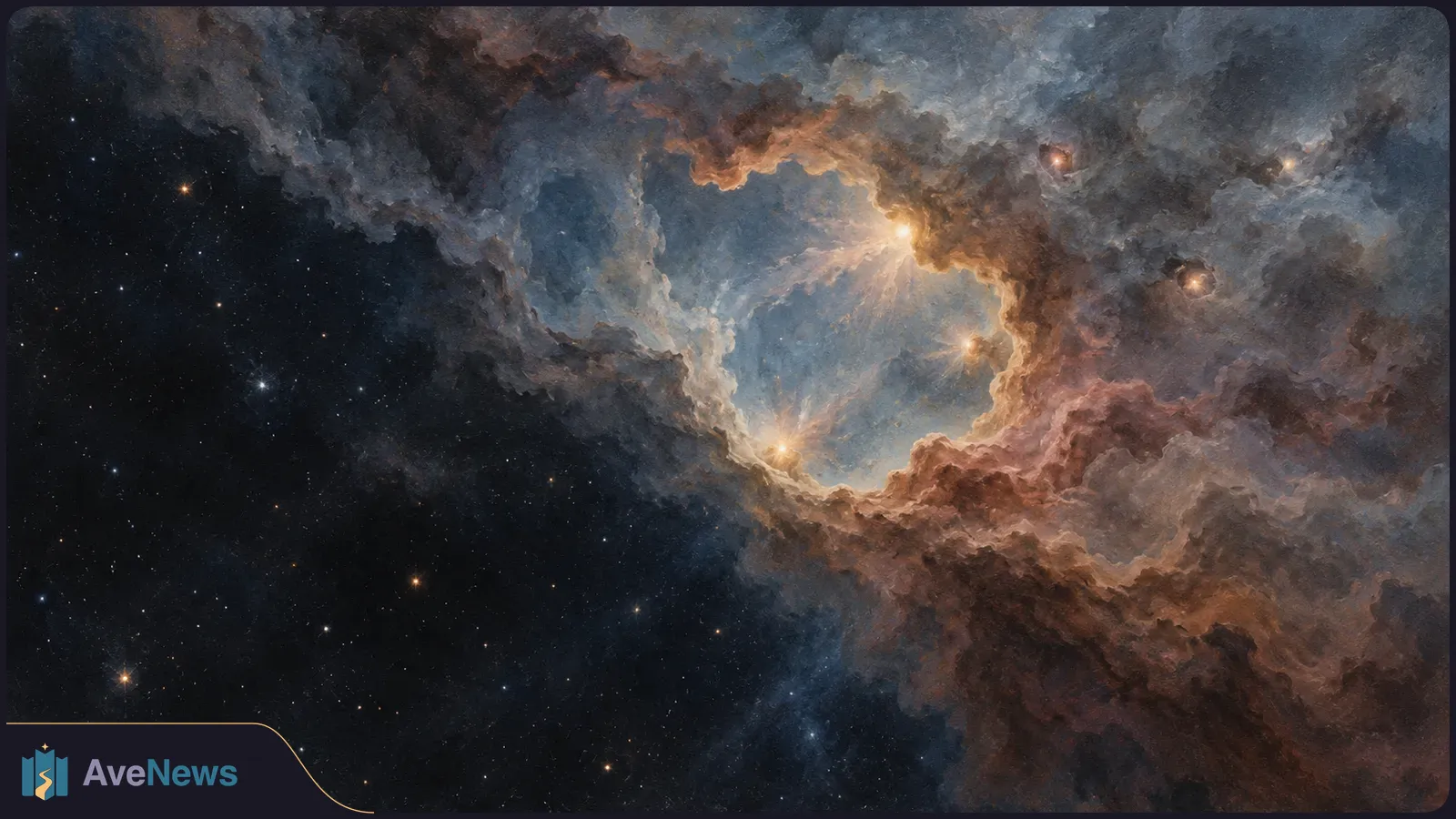A ring-shaped opening in blue-gray and rust-colored cosmic clouds glows around several bright stars, with a dark star field to the left. SI illustration