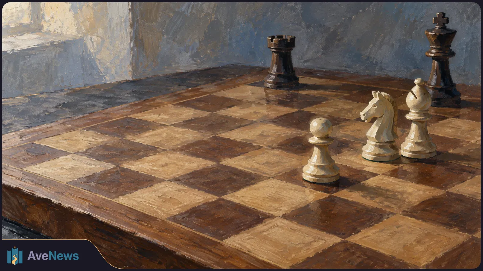 Painterly illustration of a wooden chessboard with a white pawn, knight and bishop facing a black rook and king beside a sunlit window. SI illustration