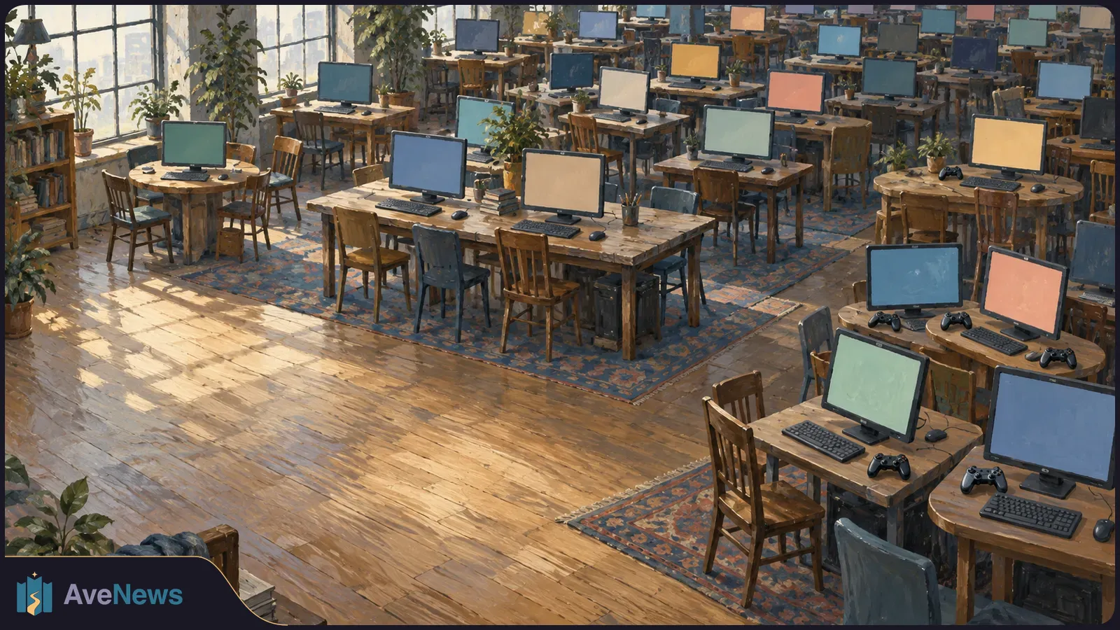 Painted view of a large, empty room filled with wooden tables, computers, keyboards and game controllers. The screens show solid colours; sunlight falls through tall windows. SI illustration