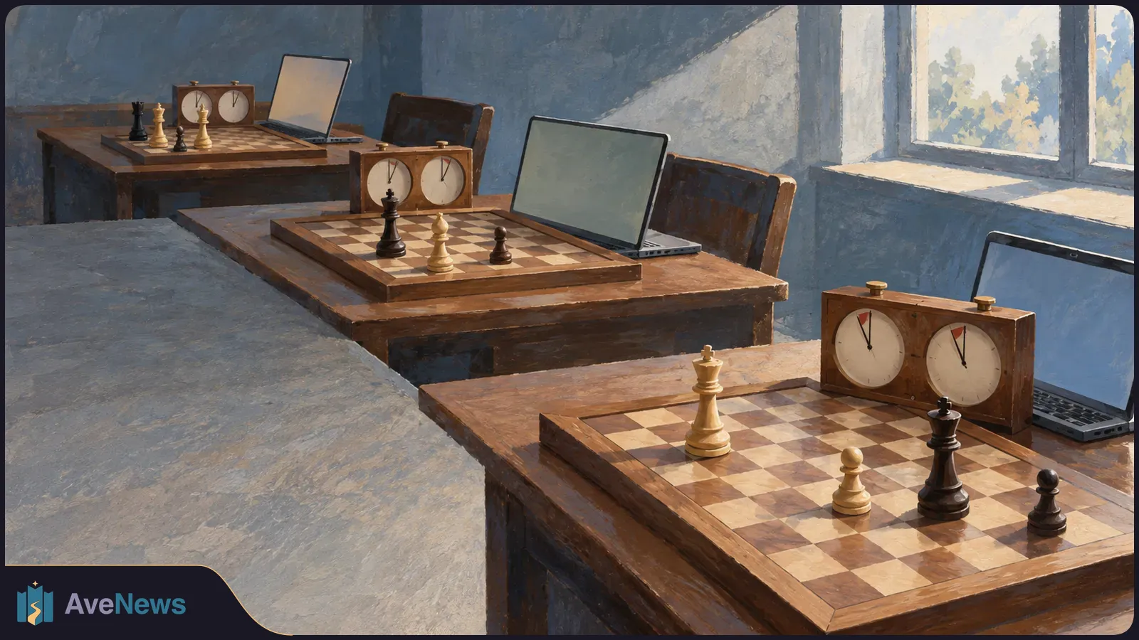 Painterly room with three chessboards on separate tables, each beside a two-dial clock and an open laptop with a plain screen. A few pieces stand on each board. SI illustration