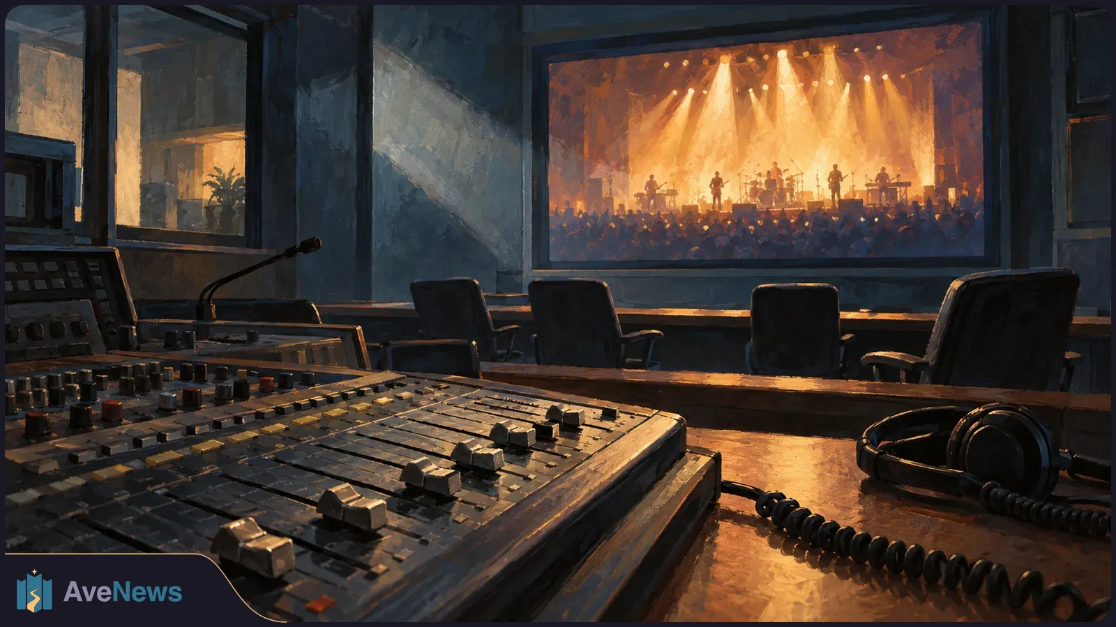 Illustration of a sound mixing console and headphones in a dark control room, overlooking a brightly lit concert stage and crowd. SI illustration