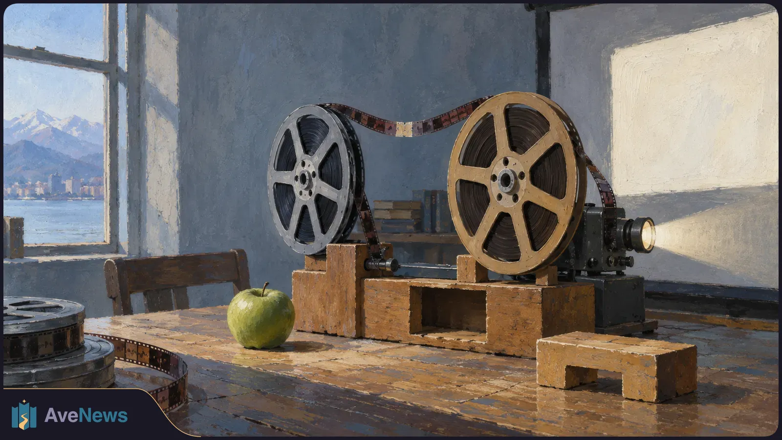 Painted scene of an apple beside a film projector and reels, its beam lighting a blank screen; mountains and water are visible through a window. SI illustration