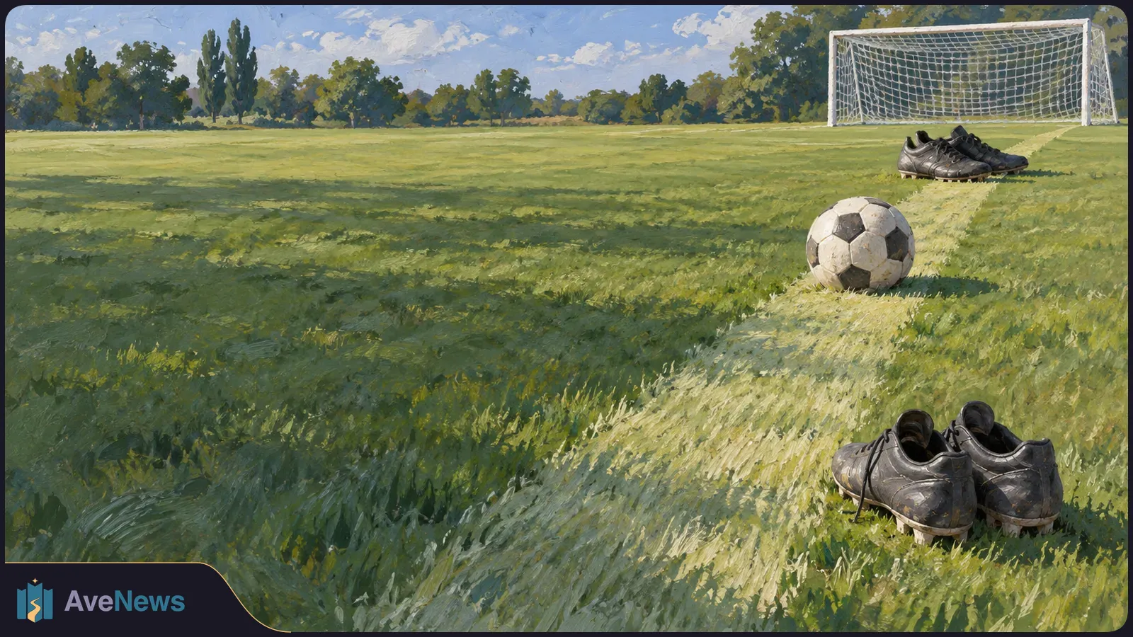 Painted soccer field with a ball, two pairs of black cleats on the grass, and a goal beyond them. SI illustration