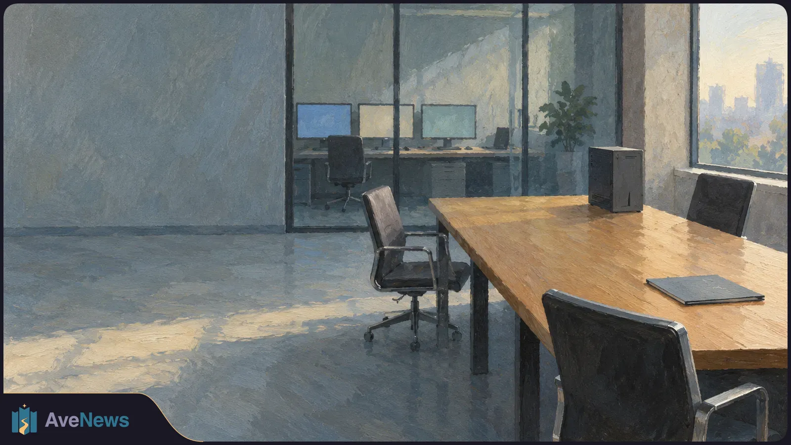 Painted, sunlit meeting room with empty chairs around a wooden table, a computer tower and a closed folder; three blank monitors sit behind a glass wall. SI illustration