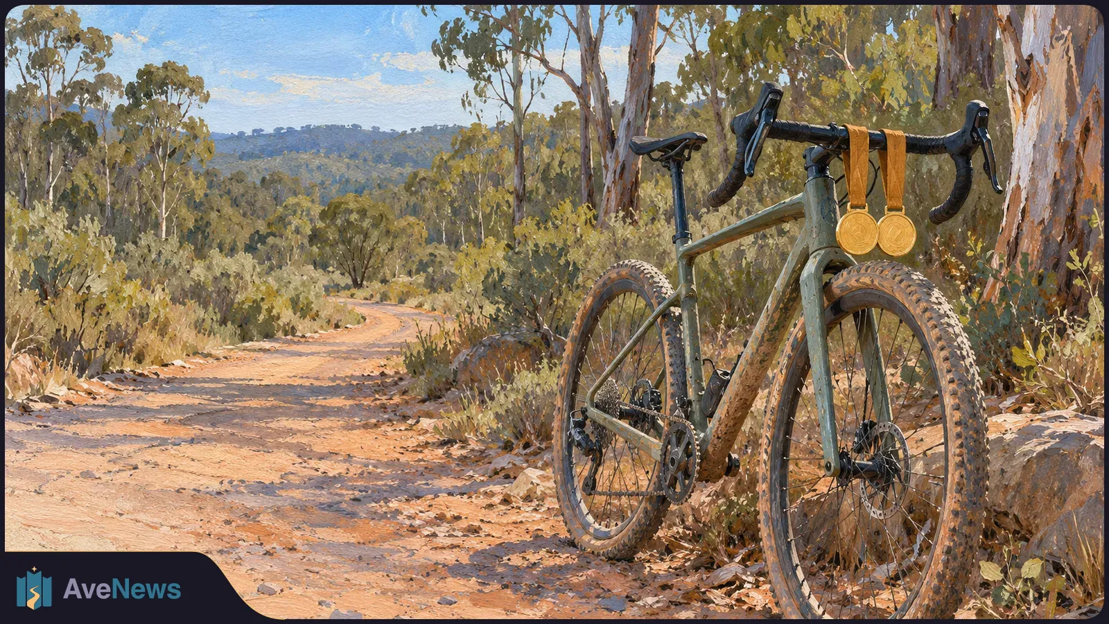 A painted scene shows a mud-splashed gravel bike beside a winding dirt trail through trees, with two gold medals hanging from its handlebars. SI illustration