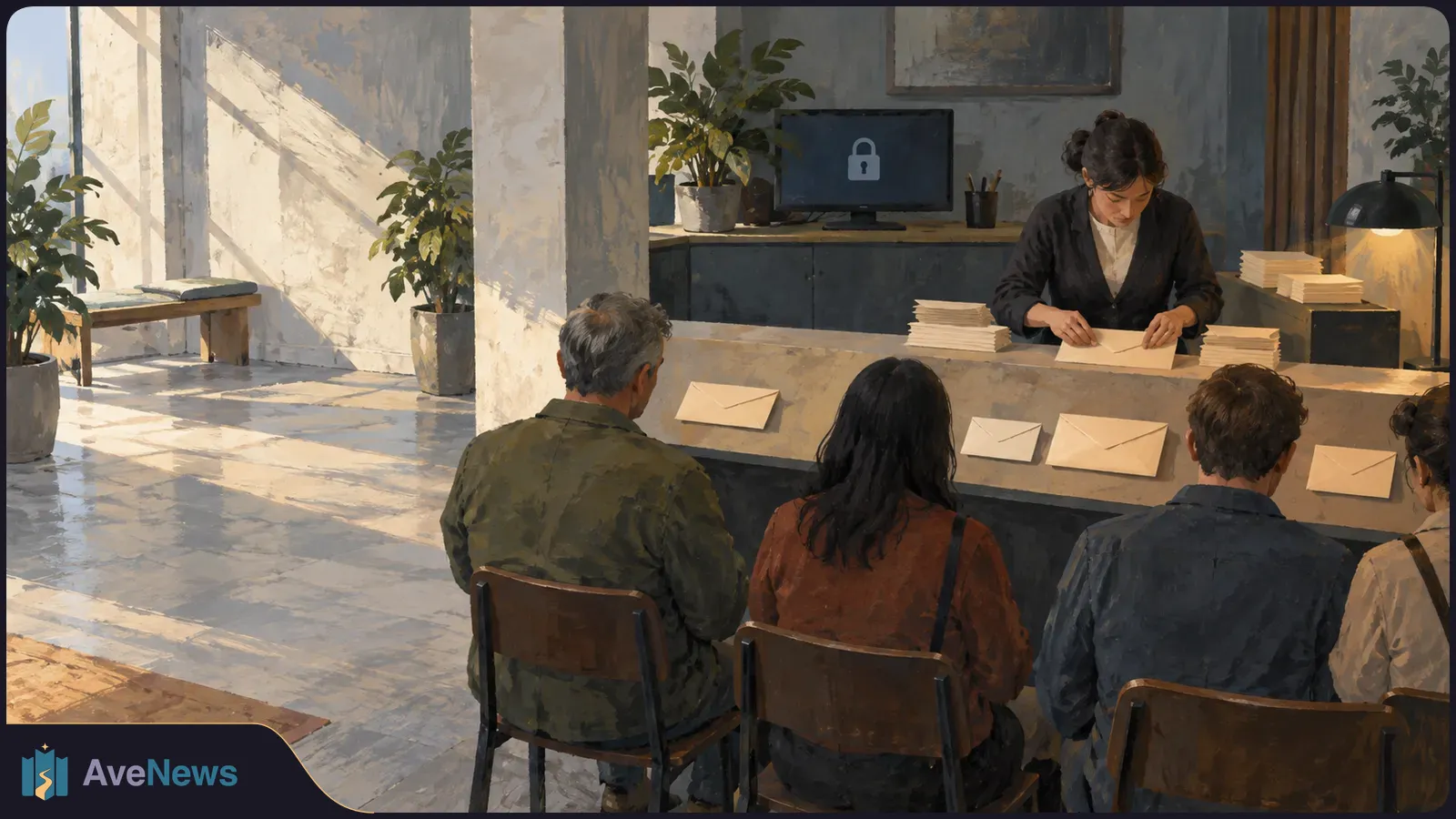 Painterly illustration of four people seated at a counter while a clerk handles envelopes. More envelopes sit on the counter, and a monitor shows a closed padlock. SI illustration