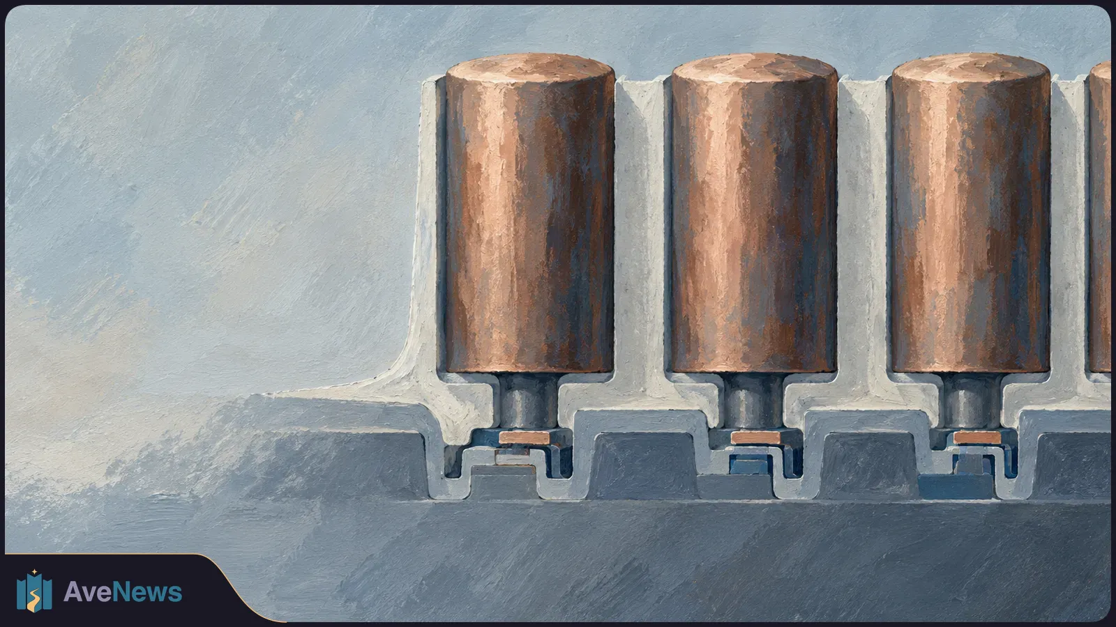 Painted cross-section of three copper-colored cylinders and part of a fourth, set in a pale gray structure above a dark blue base. SI illustration