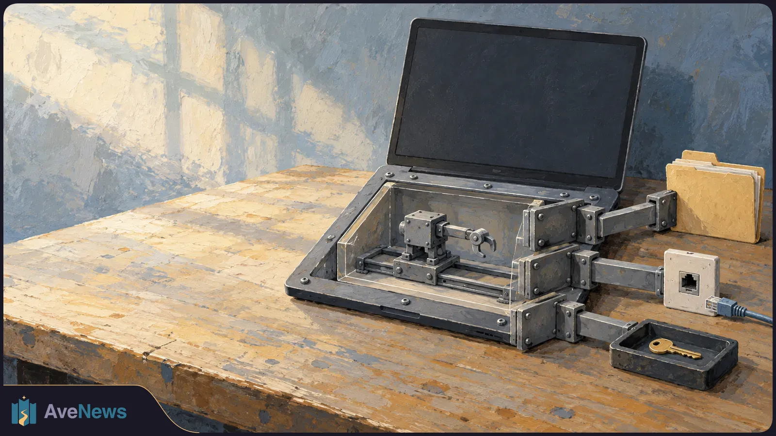 Painted illustration of an open laptop with a blank screen and a small mechanical arm behind metal barriers. The barriers extend toward file folders, a network socket and a key. SI illustration