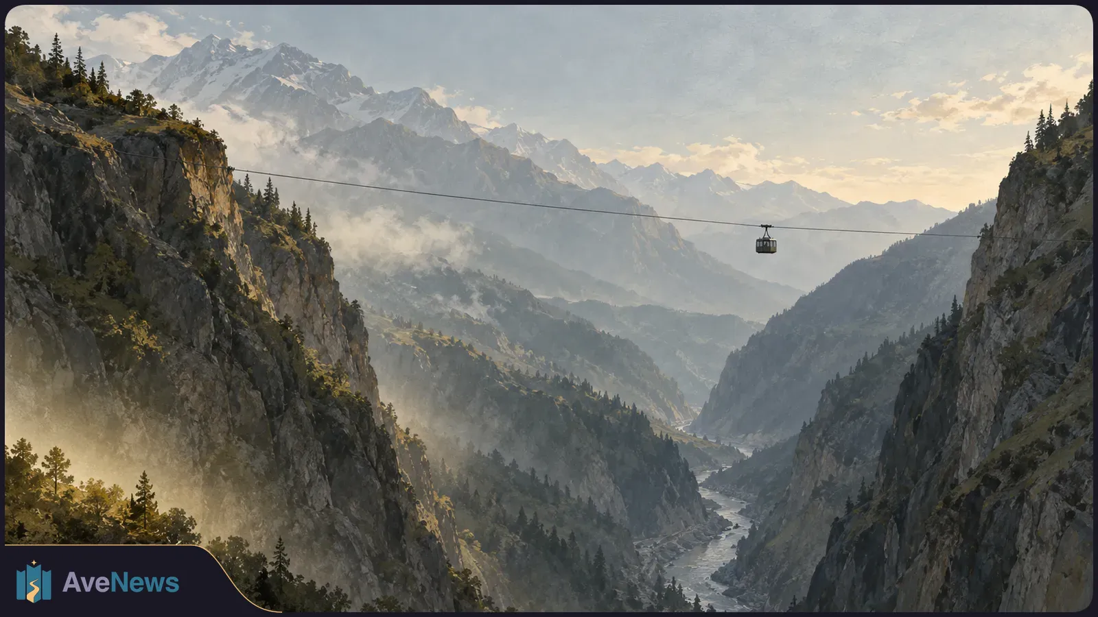 A small cable car hangs from a wire between steep cliffs above a winding river, with misty, snow-capped mountains beyond. SI illustration