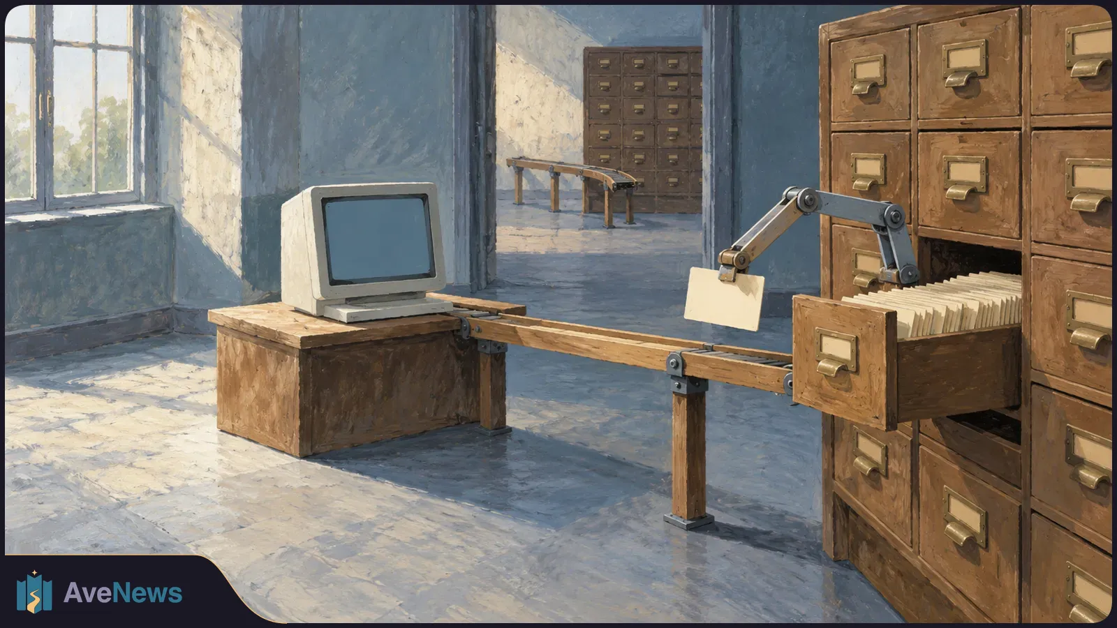 Painted archive room with an open filing drawer, a mechanical arm holding a blank card, and an old computer with a blank screen. SI illustration