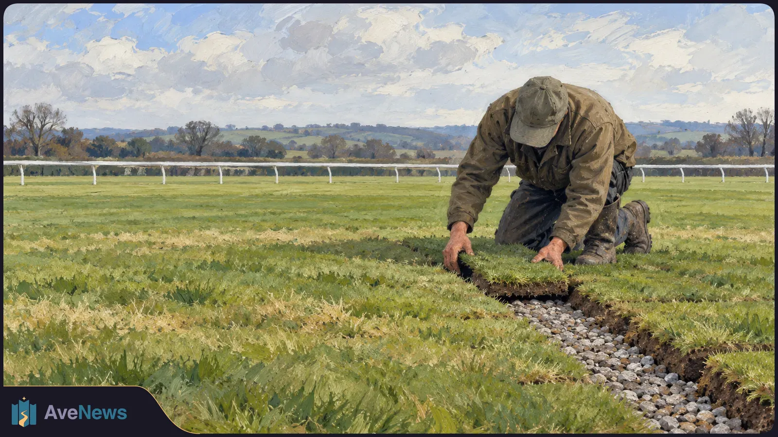 Painterly image of a worker kneeling on a grassy racecourse, lifting a strip of turf beside a gravel-filled trench; white rails and trees stretch across the background. SI illustration