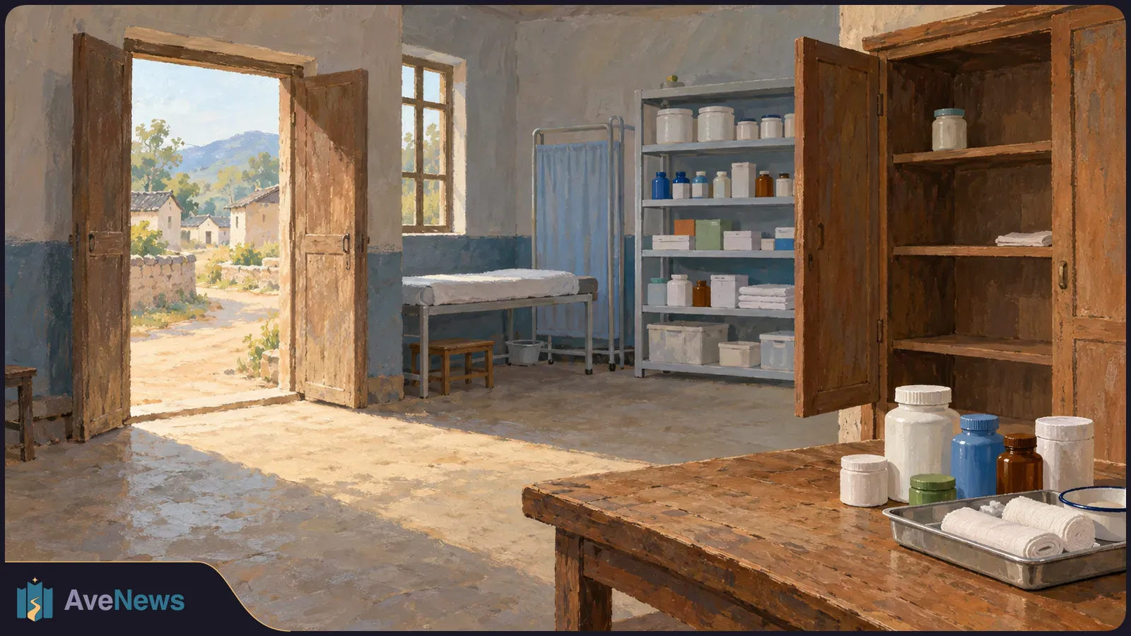 Painted view of a rural clinic room with an examination bed, medicine shelves, a wooden table and an open door leading to a village road. SI illustration