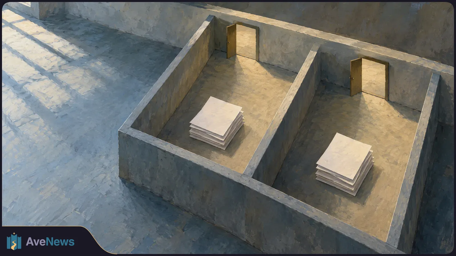 Painted overhead view of two adjacent concrete-walled rooms, each with an open door and a stack of blank white sheets on the floor. SI illustration