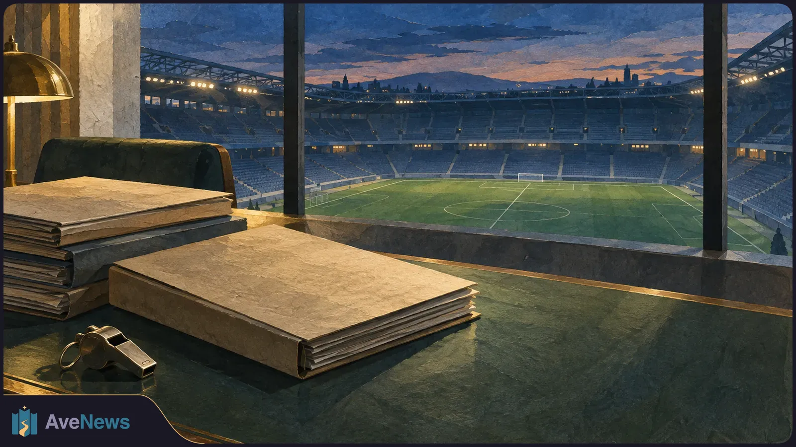 A whistle and thick folders sit on a desk overlooking an empty football stadium at dusk. SI illustration