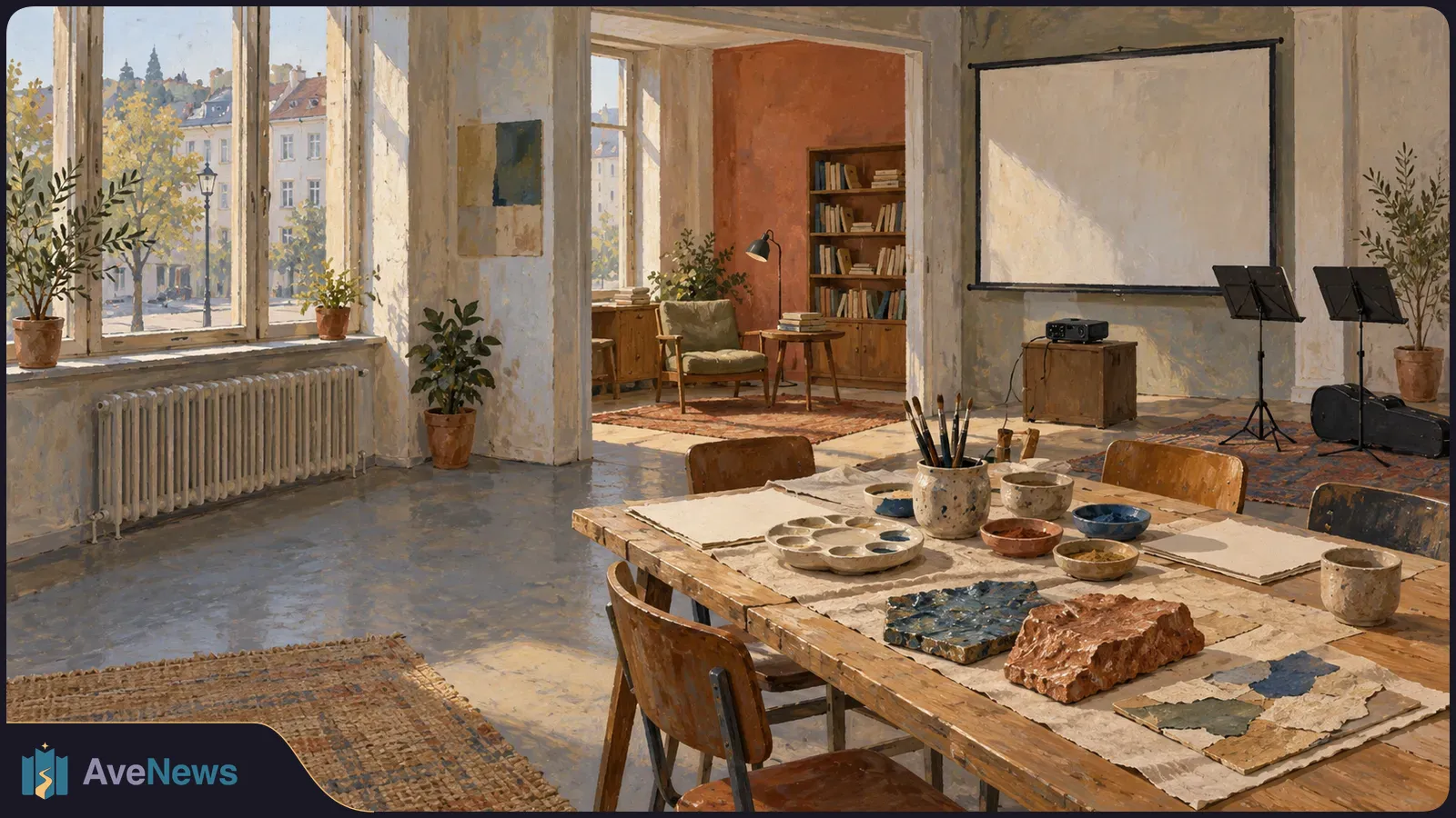 Sunlit illustrated room with art materials on a long table, bookshelves, music stands and a blank projection screen. SI illustration