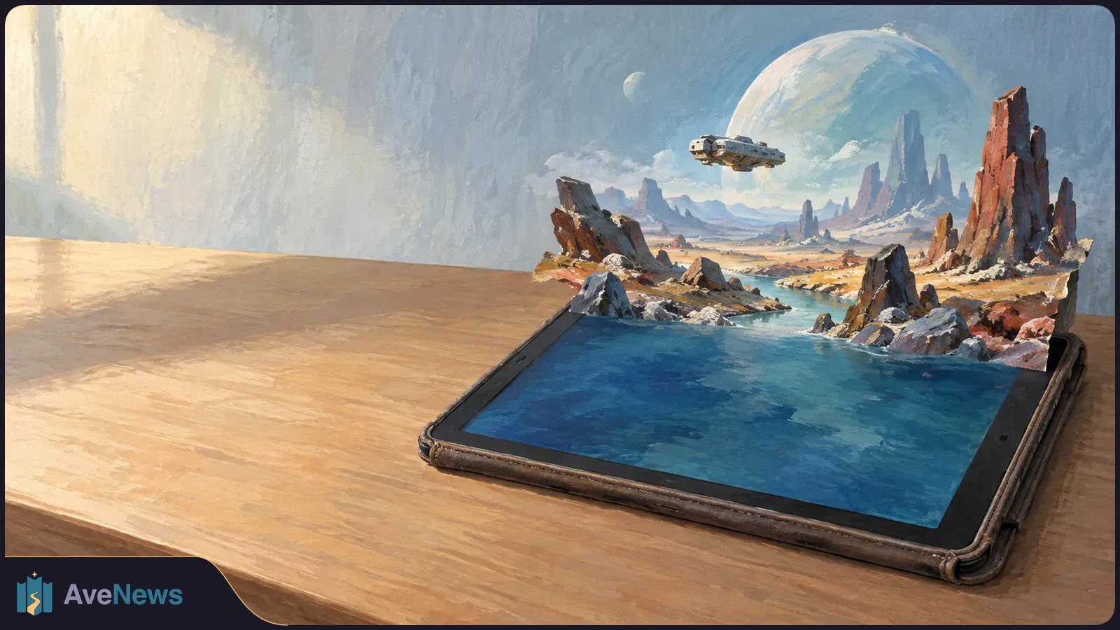 A painted sci-fi landscape of rocky spires, water, planets and a hovering spacecraft appears to rise from a tablet on a wooden table. SI illustration