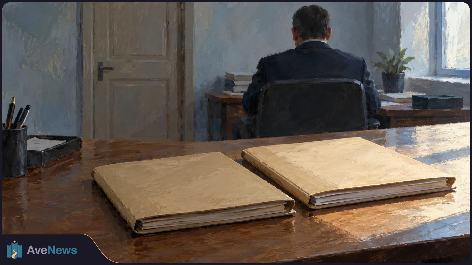 Painterly office scene with two closed beige folders on a wooden desk and a man seen from behind at another desk by a window. SI illustration