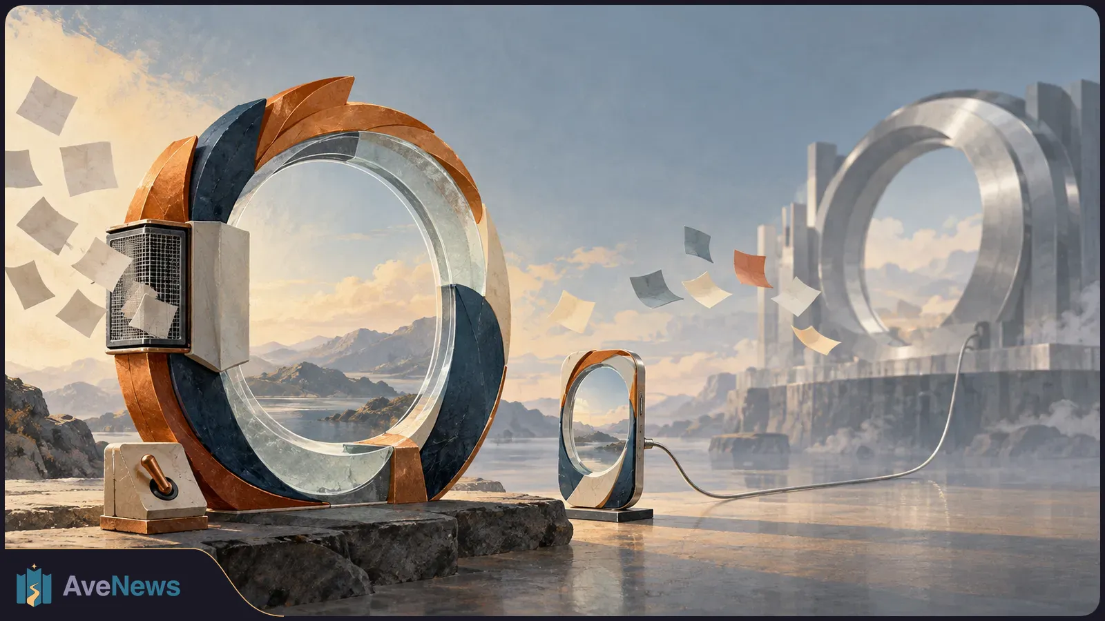 A large orange, navy and silver ring stands beside a switch and a smaller wired ring. Loose sheets float toward a towering gray ring across a rocky shore. SI illustration