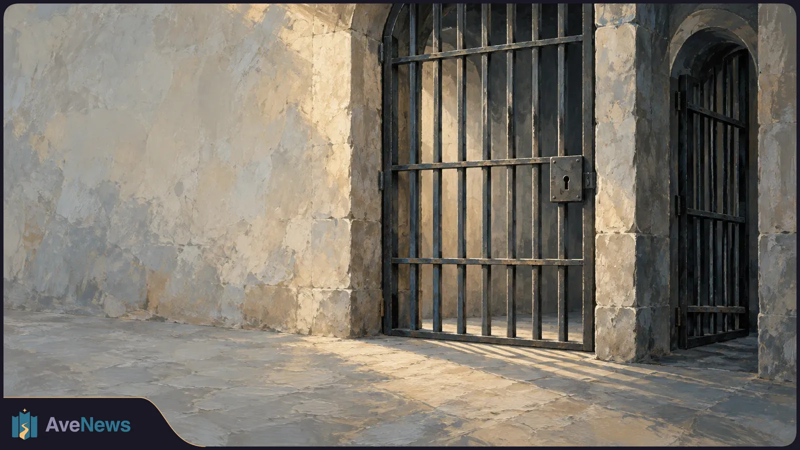 Illustration of two barred iron doors set in stone archways, with a keyhole on the nearer door and sunlight falling across the stone floor. SI illustration