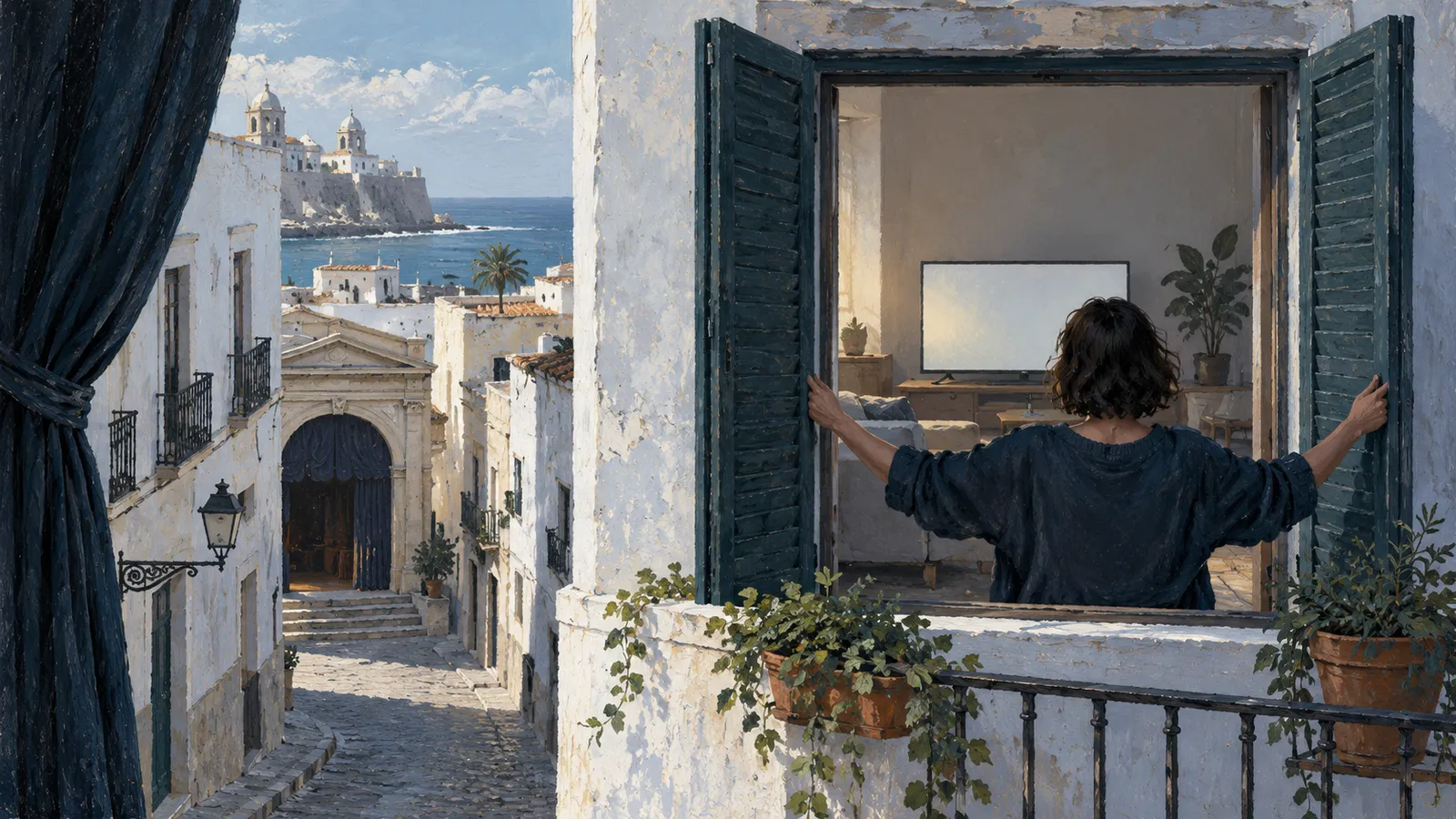 A person seen from behind holds open dark shutters beside a room with a blank television. White buildings and a cobbled street lead toward the sea. SI illustration