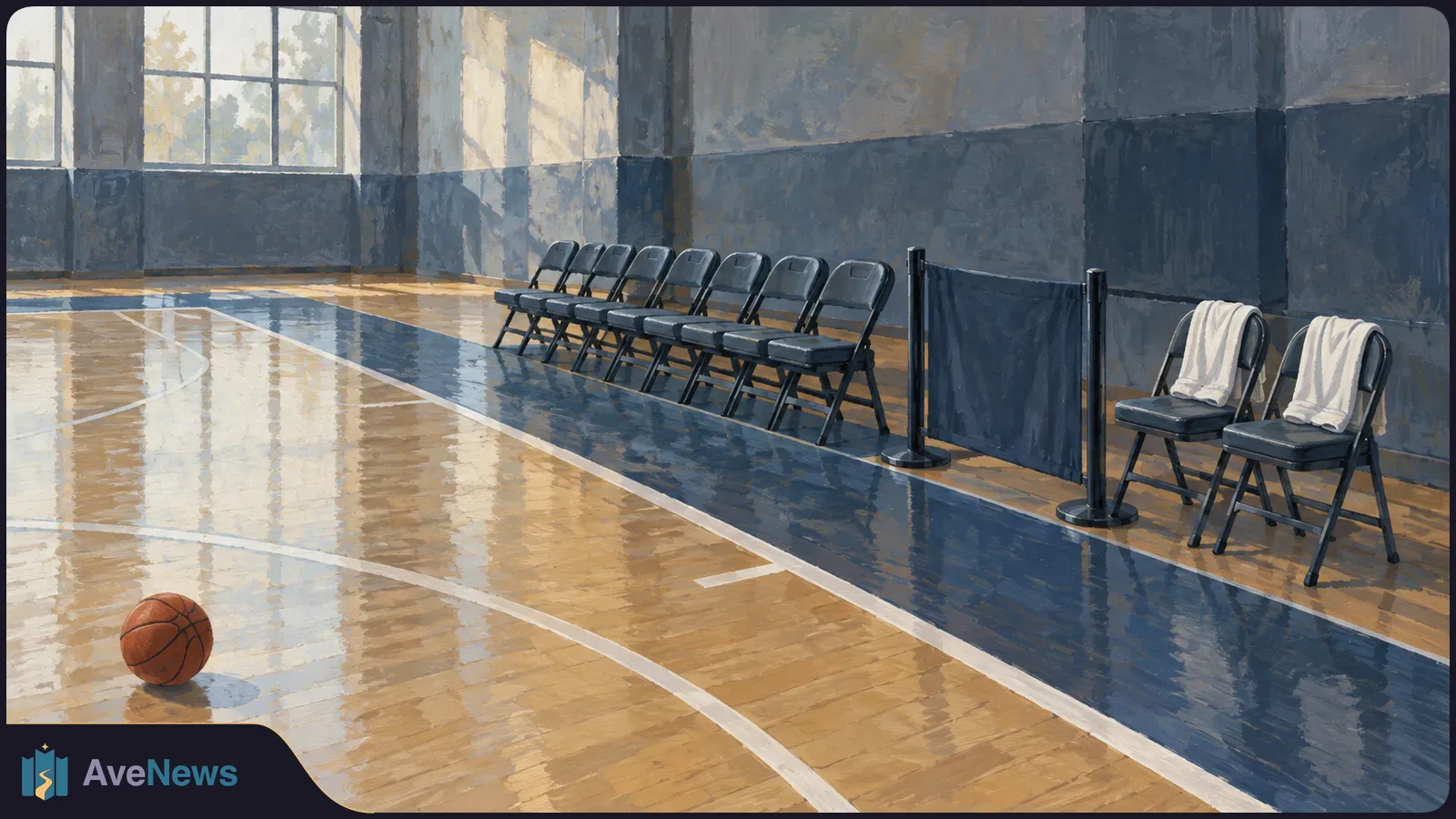 Painted view of an empty basketball court with a ball on the floor, a row of folding chairs, and two chairs draped with white towels. SI illustration