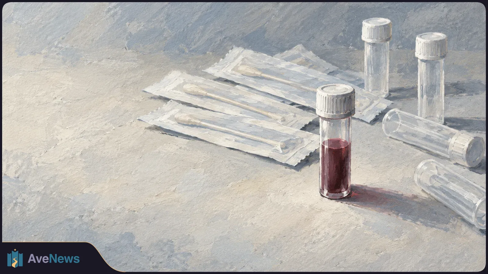 Painted scene of sealed swabs and clear sample tubes on a pale tabletop. One upright tube contains dark red liquid. SI illustration