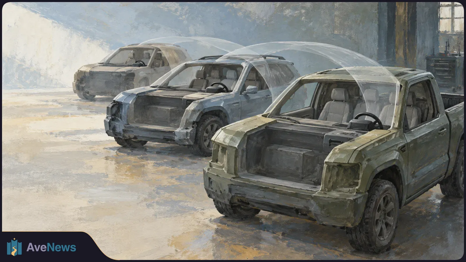 Painterly illustration of three pickup trucks and SUVs in a large indoor space, with translucent arcs sweeping over their roofs and windshields. SI illustration