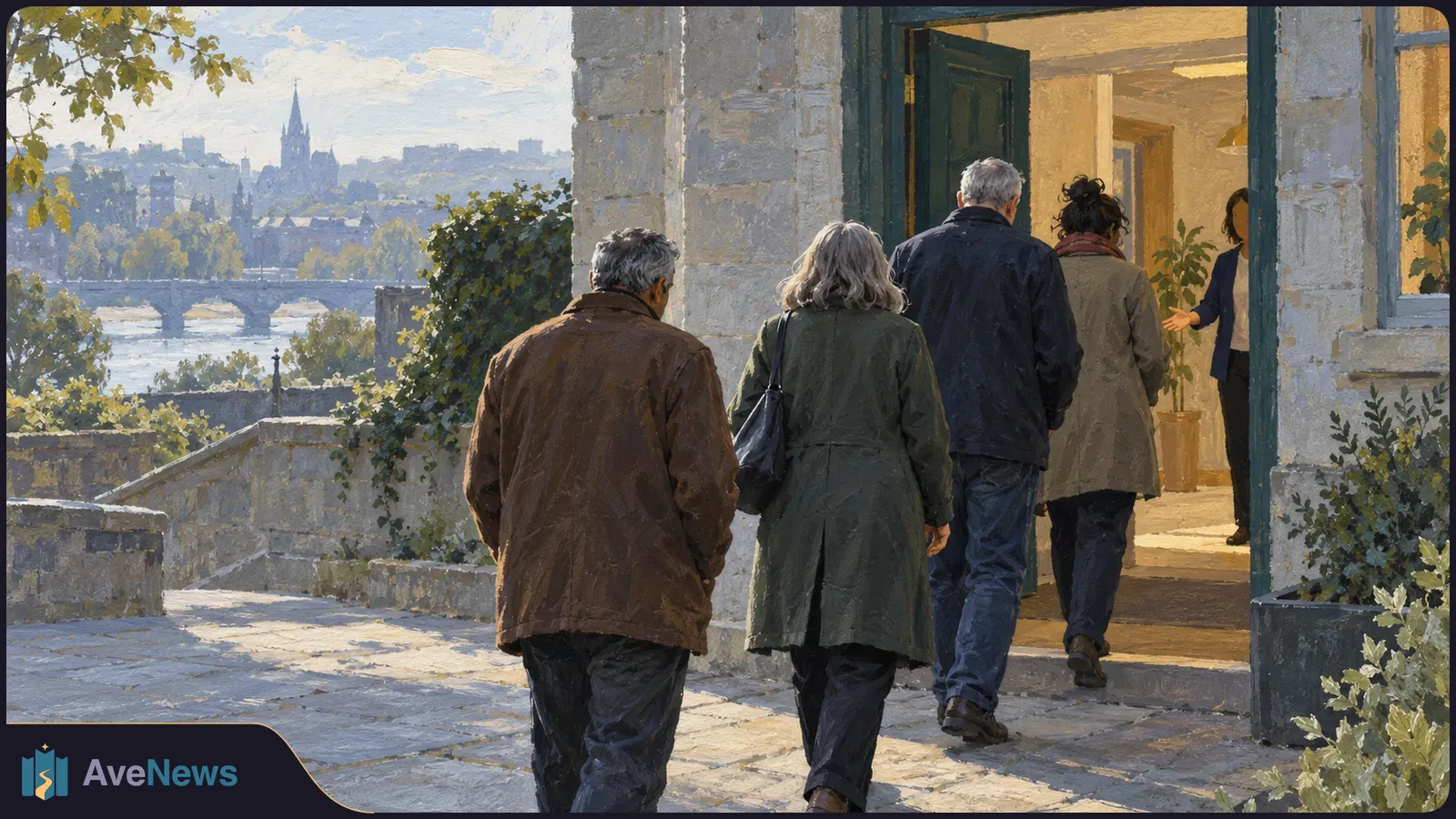 Painterly scene of four adults walking toward an open doorway, where another person gestures. A stone terrace overlooks a bridge and distant city. SI illustration