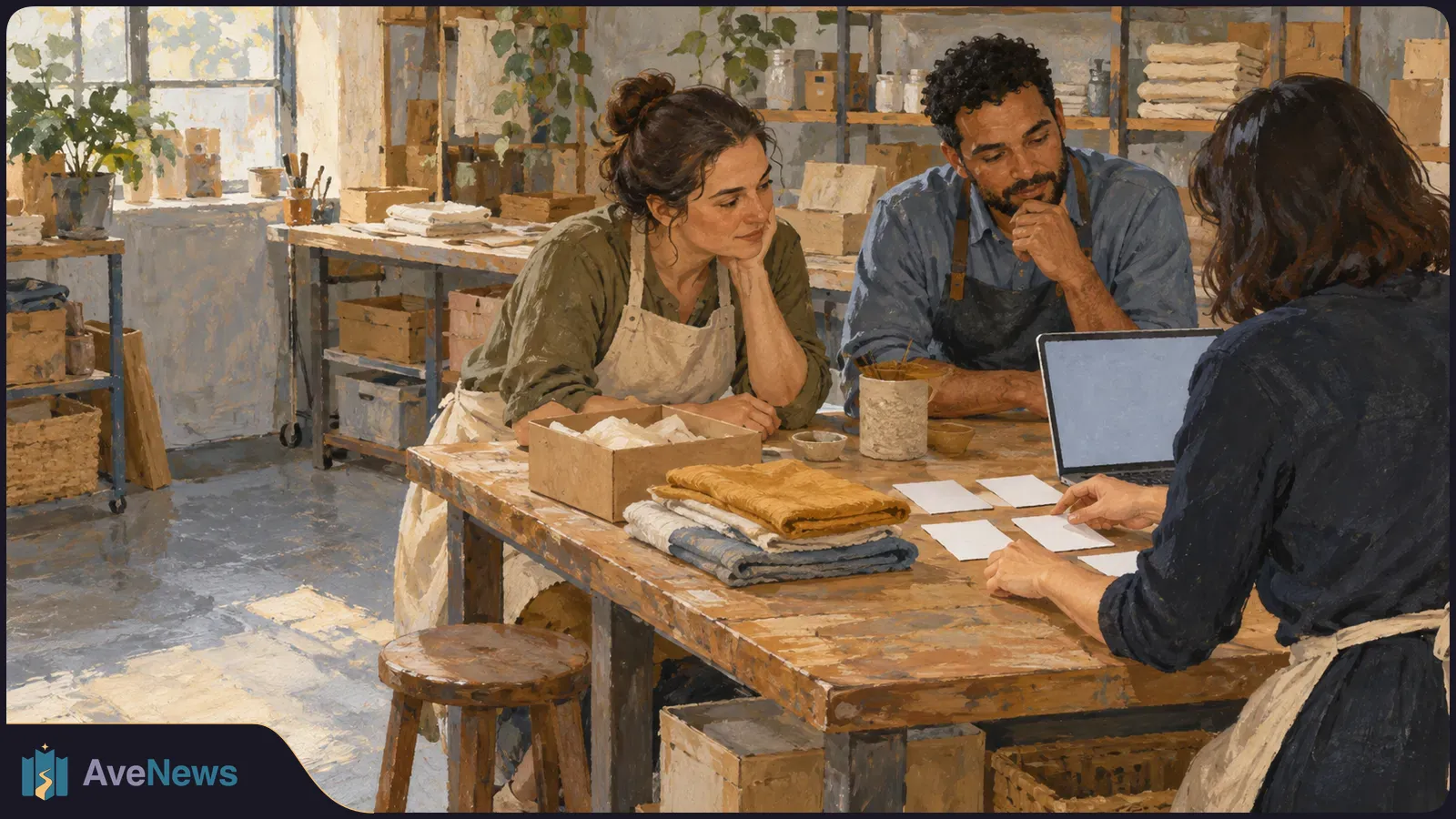 Painterly illustration of three adults gathered around a laptop and paper cards at a workshop table, with folded fabric, boxes and shelves nearby. SI illustration