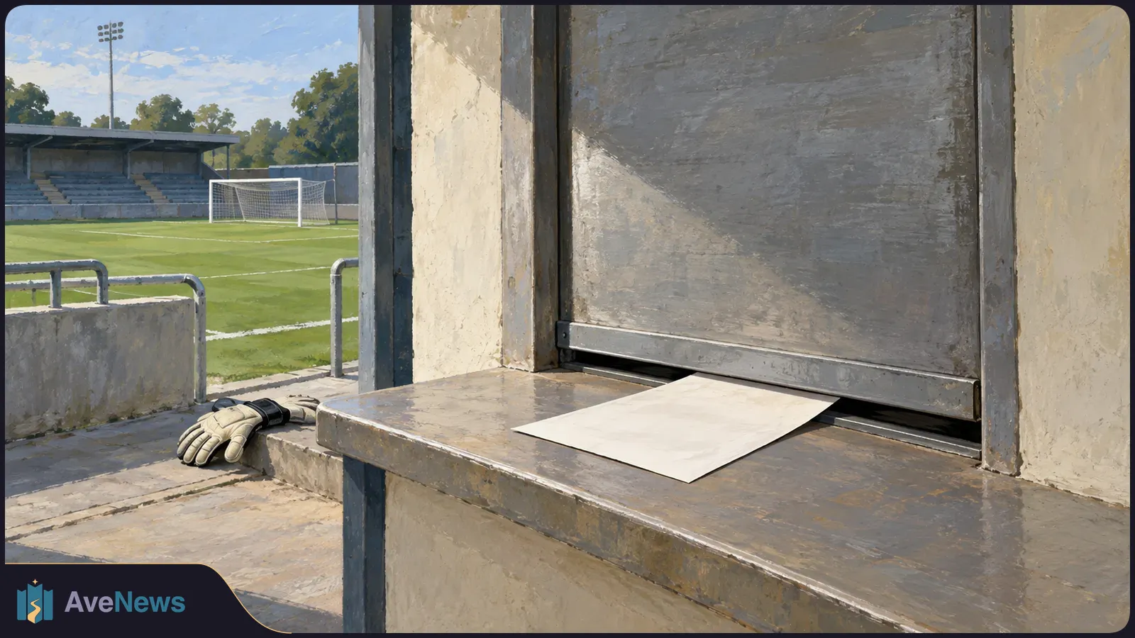 Painted football stadium scene with goalkeeper gloves on the ground and a blank sheet protruding beneath a closed metal window. SI illustration
