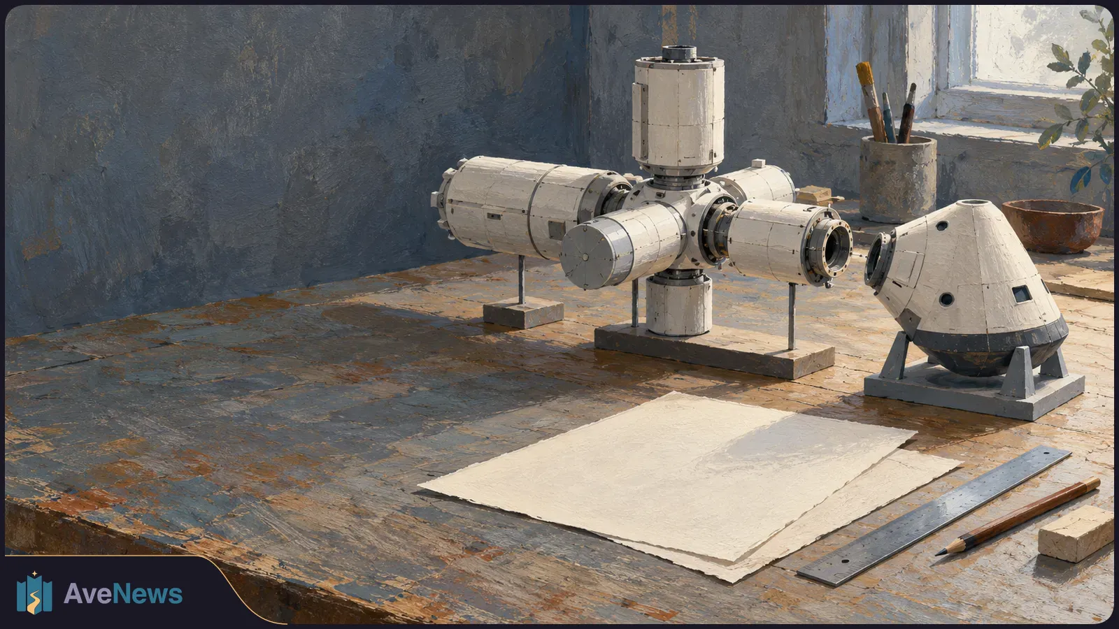 Painted scene of a modular space-station model and a conical spacecraft model on a wooden worktable, beside blank paper, a ruler and a pencil. SI illustration