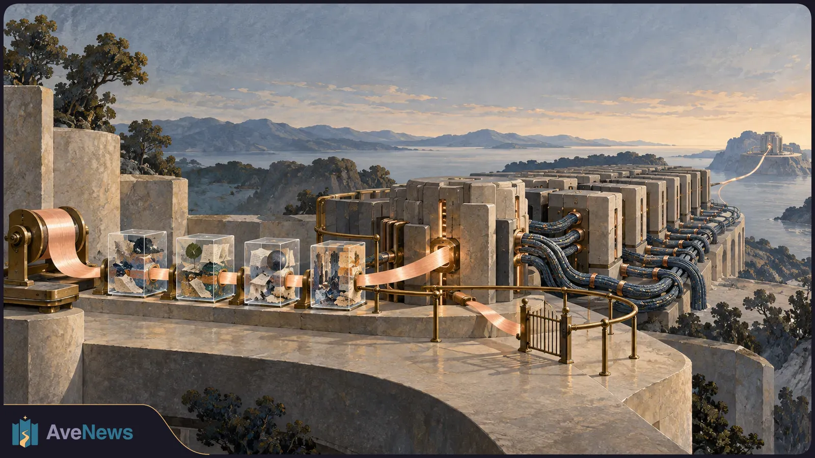 A copper ribbon runs through clear cubes toward rows of cable-linked machines on a stone platform above the sea, with mountains beyond. SI illustration