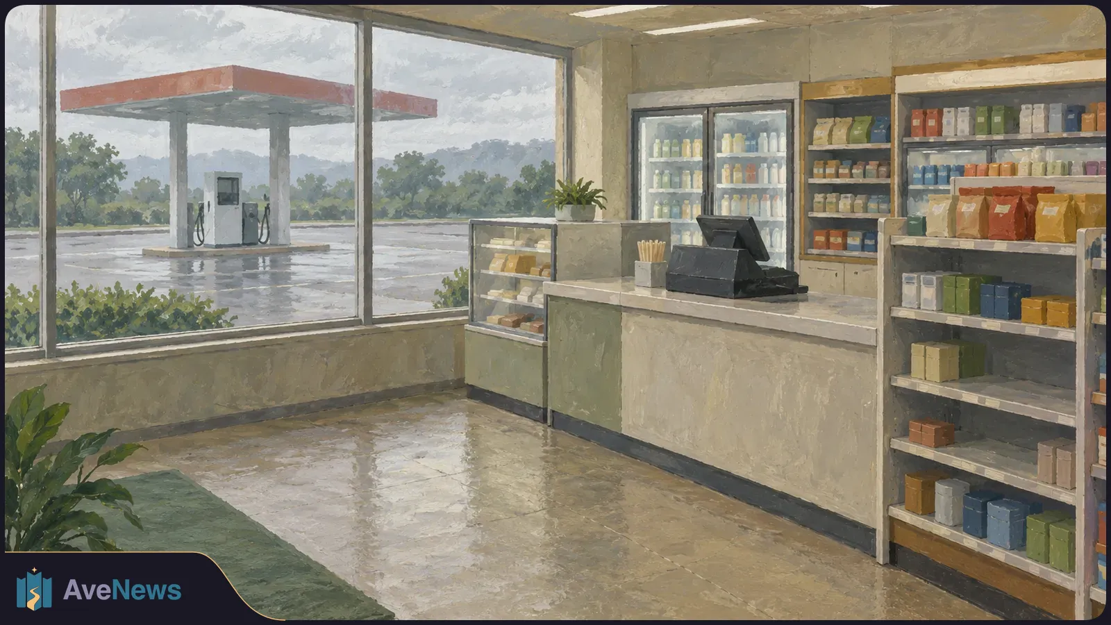 A painted view of an empty convenience store with stocked shelves and a checkout counter. Fuel pumps stand outside the windows on a wet forecourt. SI illustration