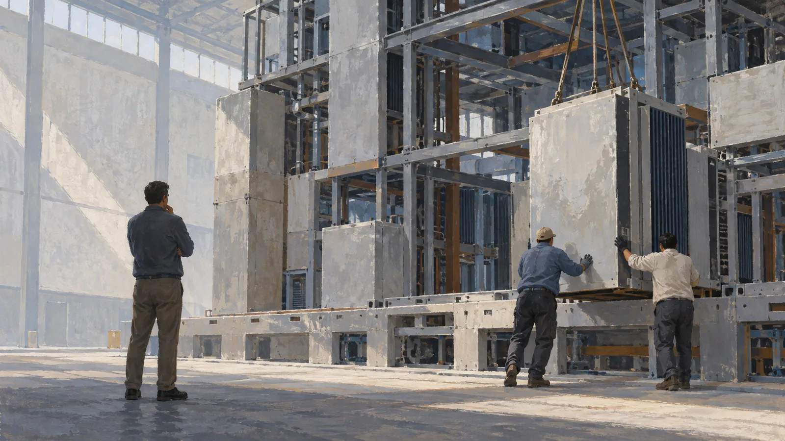 In a large industrial hall, two workers guide a suspended rectangular unit into a steel framework while a third watches. SI illustration
