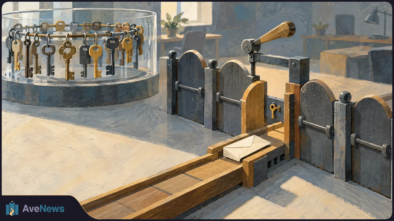 Illustration of keys hanging inside a glass enclosure beside a wooden conveyor carrying an envelope through a series of gated barriers. SI illustration
