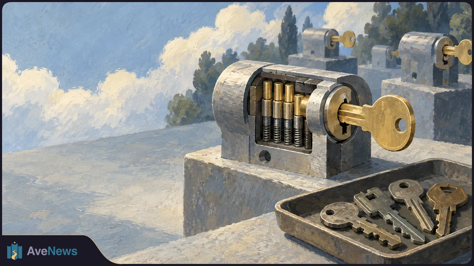 Illustration of a key inserted in a cutaway lock showing its pins and springs. More locks stand behind it, and loose keys lie in a tray. SI illustration
