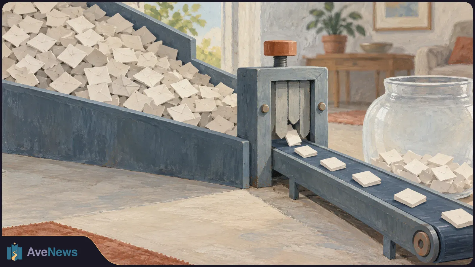 Illustration of a large pile of envelopes feeding through a blue machine onto a conveyor belt, with a glass jar beside it. SI illustration