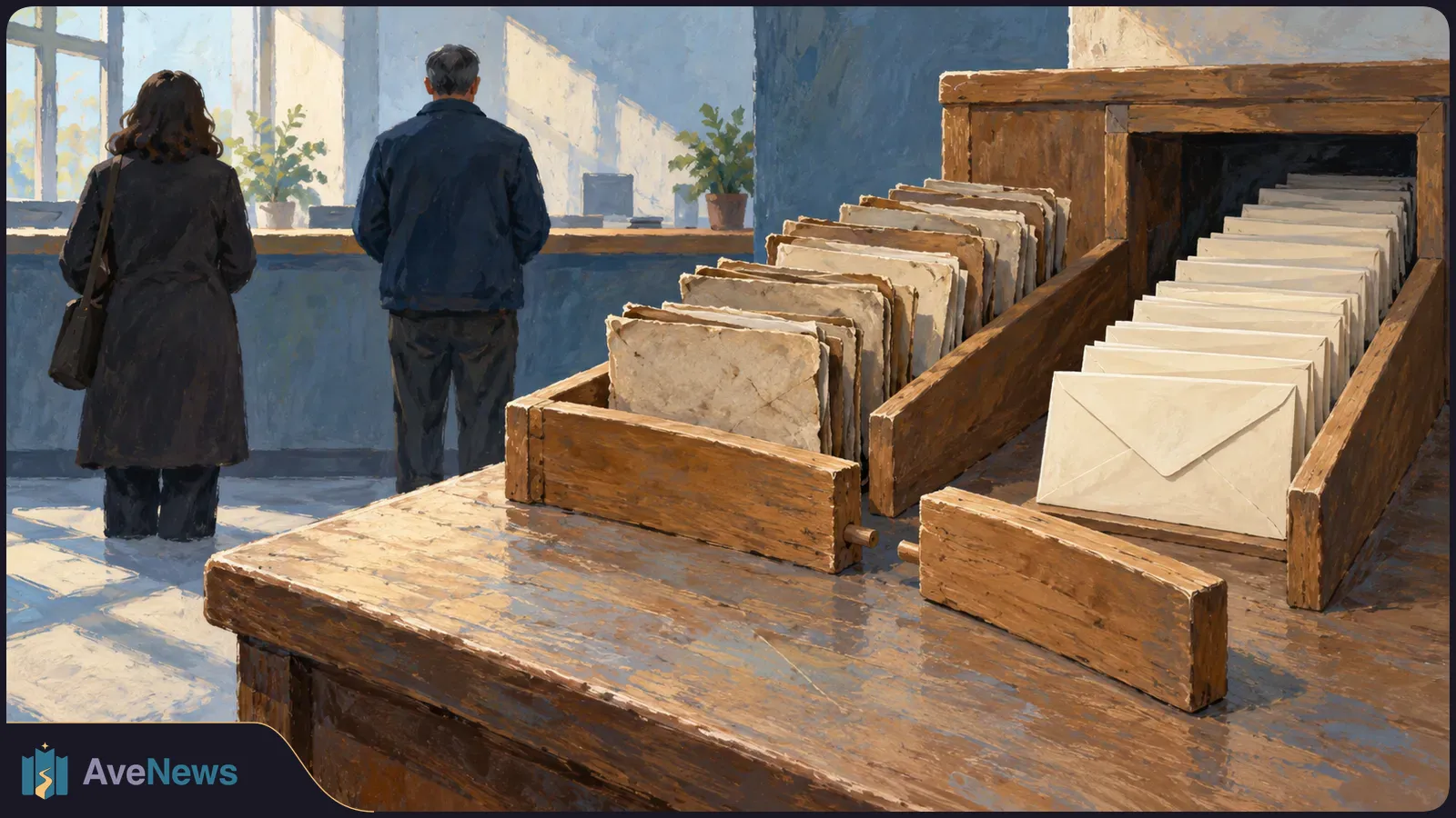Painterly illustration of two people standing by a sunlit window, with rows of paper folders and white envelopes in wooden trays on a desk. SI illustration