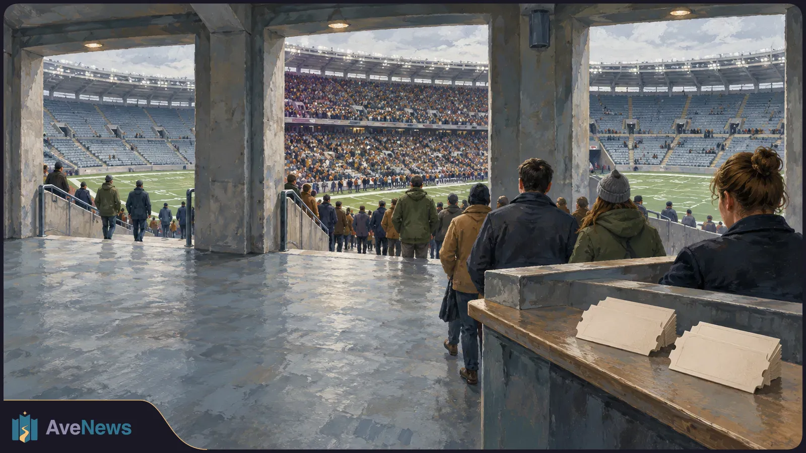 A painted stadium concourse overlooks an American football field. Spectators walk toward the seats; one stand is crowded, others have many empty seats, and blank ticket-shaped slips sit on a counter. SI illustration