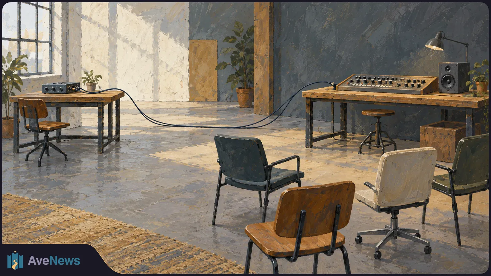 Painterly room with empty chairs facing two wooden tables. A cable links a small audio device on one table to a mixing console and speaker on the other. SI illustration