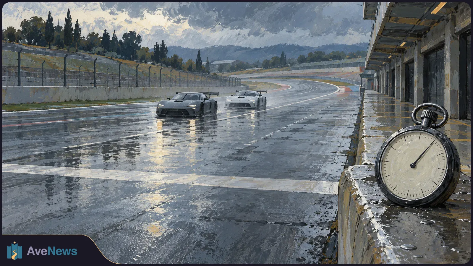 A painted scene shows two winged race cars on a wet circuit beside pit garages, with a large stopwatch in the foreground. SI illustration