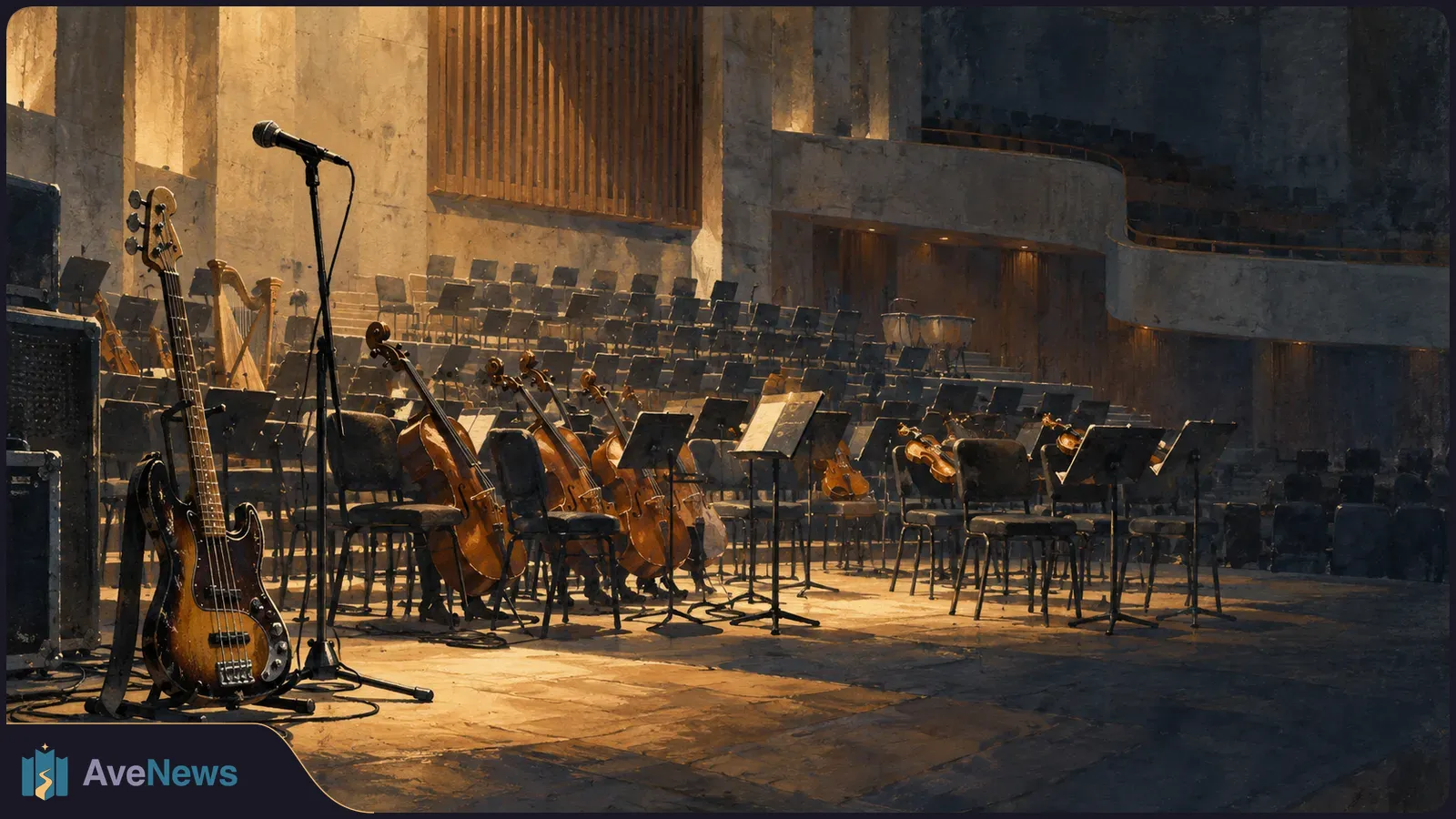 An empty concert hall stage with a bass guitar and microphone in front of orchestral strings, chairs and music stands. SI illustration