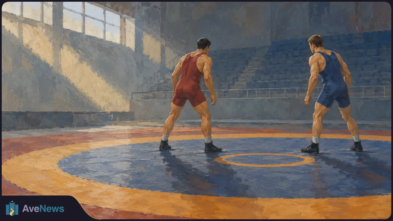 Illustration of two wrestlers in red and blue singlets facing each other on a circular mat in a sunlit indoor arena with empty seats. SI illustration