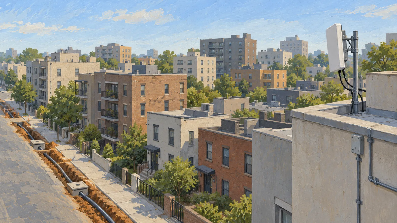 Illustration of a residential neighborhood with a rooftop antenna and an open street trench containing a black conduit. SI illustration